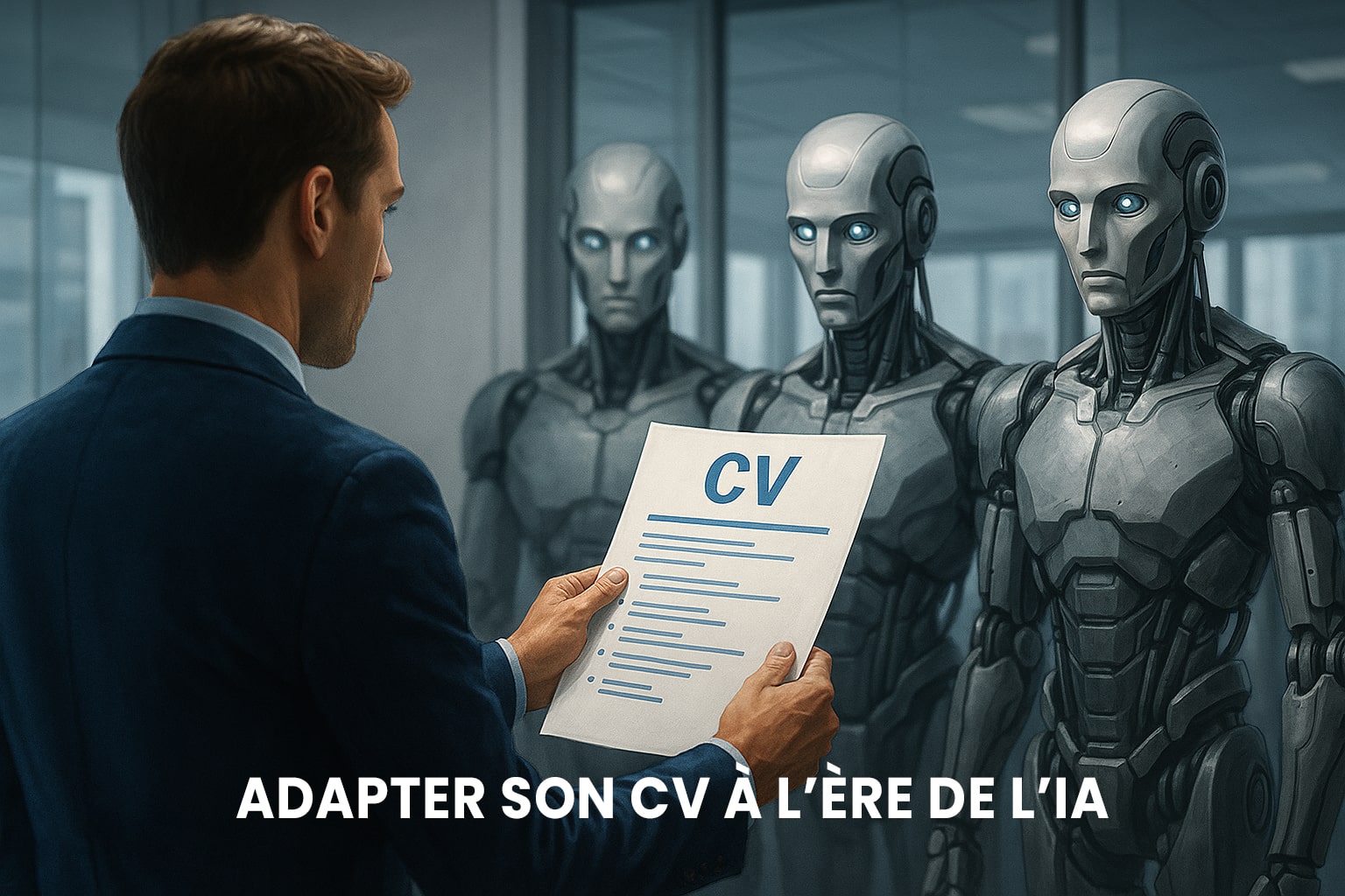 Homme en costume présentant son CV à des recruteurs robots symbolisant l’intelligence artificielle, illustrant l’article “Adapter son CV à l’ère de l’IA
