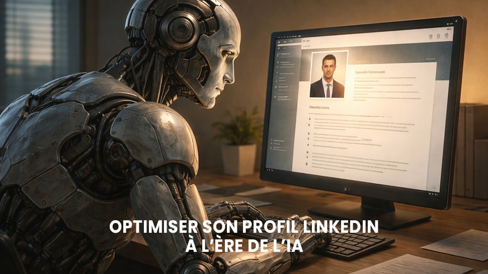Robot recruteur analysant un profil LinkedIn sur un écran d’ordinateur, illustrant l’optimisation de son profil à l’ère de l’IA.